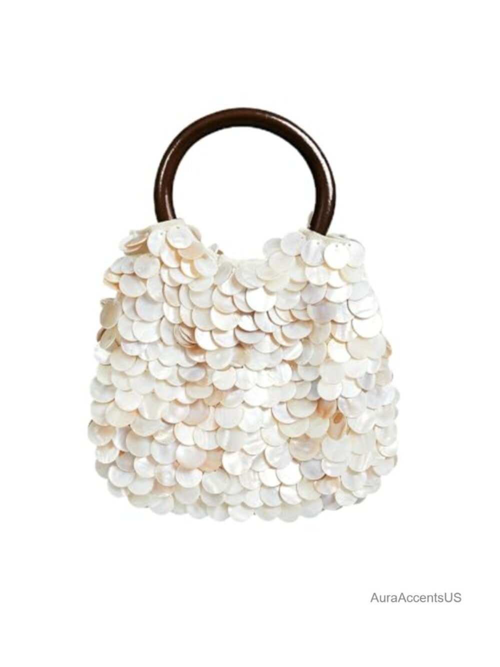 Handmade Natural Seashell Clutch Purse Wooden Handle Beaded Beach Bag Evening